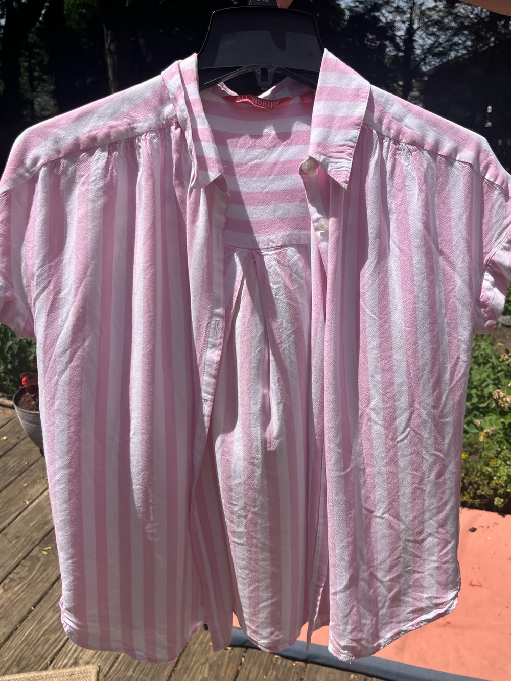 Women's Light Pink & White Striped Short Sleeve Button-Up Tee, Size XXS